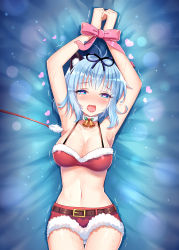 Rule 34 | 1girl, absurdres, animal ears, antenna hair, armpits, arms up, bdsm, bell, belt, black ribbon, blue eyes, blue hair, blush, bondage, bound, bound wrists, bow, bra, breasts, cat ears, cat teaser, choker, cowboy shot, feathers, fur trim, gluteal fold, hair ribbon, heart, heart-shaped pupils, highres, lying, matching hair/eyes, medium breasts, midriff, navel, neck bell, nose blush, on back, onmyoji, open mouth, panties, pink bow, red bra, red shorts, ribbon, saliva, sannio, santa costume, short shorts, shorts, solo, stomach, sweat, symbol-shaped pupils, tears, tickle torture, tickling, tongue, tongue out, trembling, underwear