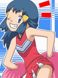 Rule 34 | 1girl, alternate costume, awa, blue eyes, blue hair, cheerleader, creatures (company), dawn (pokemon), game freak, grin, jaggy lines, lowres, matching hair/eyes, nintendo, no panties, oekaki, one eye closed, pokemon, pokemon (anime), pokemon dppt (anime), pom pom (cheerleading), smile, solo, wink