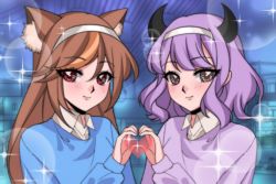 Rule 34 | 1990s (style), 2girls, animal ear fluff, animal ears, blue sweater, brown hair, collared shirt, commission, eris graye (artist), hairband, hazumi aileen, heart, heart hands, heart hands duo, highres, horns, indie virtual youtuber, lens flare, lion ears, lion girl, multiple girls, purple eyes, purple hair, purple sweater, retro artstyle, second-party source, shirt, smile, sparkle, sweater, taro tapioca, virtual youtuber, white hairband, white shirt