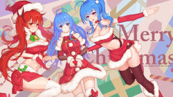 Rule 34 | 3girls, absurdres, ahoge, arm warmers, azur lane, bandeau, bare shoulders, black legwear, blue hair, boots, breasts, capelet, choker, christmas, cleavage, criss-cross halter, crop top, detached sleeves, dress, frown, fur trim, garter straps, gloves, gold trim, halterneck, halterneck, hat, helena (azur lane), highres, honolulu (azur lane), large breasts, long hair, long sleeves, looking at viewer, merry christmas, midriff, miniskirt, multiple girls, navel, omae yoken, open mouth, outstretched arm, pink eyes, ponytail, purple eyes, red choker, red dress, red eyes, red gloves, red hair, red headwear, red shirt, red skirt, revealing clothes, ribbon choker, santa hat, shirt, side slit, skirt, smile, st. louis (azur lane), stomach, thighhighs, twintails, v-shaped eyebrows, very long hair, white legwear, zettai ryouiki