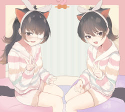 Rule 34 | 2girls, :3, australian devil (kemono friends), black hair, blush, bow, commentary request, dnsdltkfkd, extra ears, eyepatch, fang, hair bow, highres, kemono friends, kemono friends 3, long hair, long sleeves, matching outfits, medical eyepatch, multiple girls, open mouth, orange eyes, pajamas, shirt, short hair, short shorts, shorts, sitting, striped clothes, striped pajamas, striped shirt, striped shorts, tasmanian devil (kemono friends), v