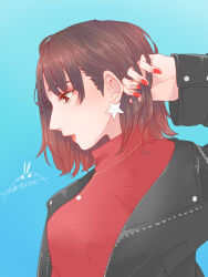 Rule 34 | 1girl, black jacket, blue background, breasts, brown eyes, brown hair, commentary request, earrings, gradient background, hand in own hair, highres, inami anju, jacket, jewelry, kashikaze, lips, long sleeves, medium breasts, medium hair, nail polish, necklace, real life, red nails, red shirt, shirt, signature, sleeves past wrists, solo, star (symbol), star earrings, upper body, voice actor