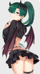 Rule 34 | 1girl, absurdres, ass, blush, breasts, bridal gauntlets, commentary request, cross, cross earrings, demon girl, demon wings, earrings, fire emblem, fire emblem: the blazing blade, green eyes, green hair, halloween costume, highres, horns, jewelry, long hair, long sleeves, looking at viewer, looking back, lyn (fire emblem), medium breasts, midriff, miniskirt, nintendo, ormille, panties, pink panties, ponytail, shiny skin, simple background, skirt, smile, solo, thigh strap, tongue, tongue out, underwear, wings