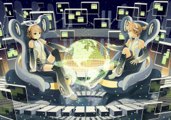 Rule 34 | 1boy, 1girl, blonde hair, brother and sister, globe, highres, hologram, holographic monitor, kagamine len, kagamine len (append), kagamine rin, kagamine rin (append), short hair, siblings, sitting, suya000, twins, vocaloid, vocaloid append