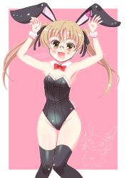 Rule 34 | 1girl, :d, absurdres, alternate costume, animal ears, arms up, black leotard, black ribbon, black thighhighs, blush, bow, bowtie, brown eyes, brown hair, commentary, detached collar, ear ribbon, emblem, fake animal ears, fake tail, girls und panzer, glasses, hair ribbon, highres, leotard, long hair, looking at viewer, mmmm, oono aya, open mouth, outside border, pink background, playboy bunny, rabbit ears, rabbit pose, rabbit tail, red bow, red bowtie, ribbon, round eyewear, simple background, smile, solo, standing, strapless, strapless leotard, tail, thigh gap, thighhighs, twintails, twitter username, wristband