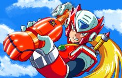 Rule 34 | 1boy, android, blonde hair, clenched teeth, cloud, commentary request, day, helmet, holding, kin-san (sasuraiga), long hair, male focus, mega man (series), mega man x (series), mega man zero (series), motion blur, outdoors, sky, solo, sword, teeth, upper body, weapon, weapon on back, zero (mega man)