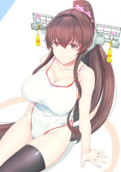 Rule 34 | 10s, 1girl, breasts, brown eyes, brown hair, chiyo goya, competition swimsuit, flower, flower on head, hair flower, hair ornament, headgear, highres, huge breasts, kantai collection, large breasts, long hair, one-piece swimsuit, smile, solo, swimsuit, yamato (kancolle)