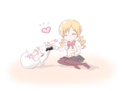 10s 1girl ^_^ bad_id bad_pixiv_id blonde_hair blush closed_eyes drill_hair feeding heart kyubey mahou_shoujo_madoka_magica mahou_shoujo_madoka_magica_(anime) pantyhose sitting smile tomoe_mami yoshinogai