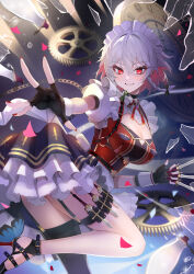 Rule 34 | 1girl, absurdres, alternate costume, black footwear, black gloves, black thighhighs, braid, breasts, broken glass, cleavage, clock, commentary request, confetti, fingerless gloves, gears, glass, gloves, grey hair, high heels, highres, holding, holding knife, izayoi sakuya, knife, large breasts, looking at viewer, maid, maid headdress, oshimai, red eyes, red nails, side braids, single thighhigh, solo, thigh strap, thighhighs, touhou, twin braids