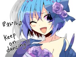Rule 34 | 1girl, alternate costume, blue bow, blue eyes, blue gloves, blue hair, bluestar iz, blush stickers, bow, claire elford, collarbone, english text, flower, gloves, hair between eyes, hair bow, hand on own chest, jaggy lines, looking at viewer, one eye closed, open mouth, purple flower, recurring image, short hair, simple background, smile, solo, triangle mouth, v, white background, witch&#039;s heart