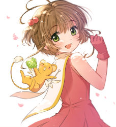 Rule 34 | 1990s (style), 1girl, :d, antenna hair, bad id, bad pixiv id, brown hair, cardcaptor sakura, commentary request, dress, from behind, gloves, green eyes, kero (cardcaptor sakura), kinomoto sakura, looking at viewer, looking back, magical girl, open mouth, petals, retro artstyle, short hair, sleeveless, sleeveless dress, smile, solo, tsukada nari, upper body, wand