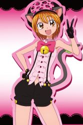 Rule 34 | 00s, 1girl, :d, animal ears, bell, black gloves, brown eyes, brown hair, cat ears, cat tail, futari wa precure, gloves, hand on own hip, hat, looking at viewer, misumi nagisa, navel, oimanji, open mouth, panther pink (precure), precure, short hair, shorts, smile, solo, suspenders, tail, v