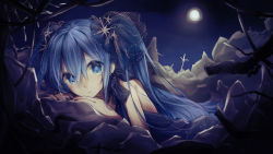 Rule 34 | 1girl, bad id, bad pixiv id, blue eyes, blue hair, dress, expressionless, hatsune miku, highres, long hair, looking at viewer, lying, maerchen noir, matching hair/eyes, moon, nail polish, night, on stomach, outdoors, solo, twintails, vocaloid