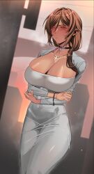 Rule 34 | 1girl, :/, absurdres, arms under breasts, bead bracelet, beads, black choker, blush, bracelet, breasts, brown hair, choker, cleavage, closed mouth, collarbone, dark-skinned female, dark skin, dog tags, dongtan dress, dress, earrings, hair between eyes, hair over shoulder, highres, huge breasts, jewelry, limbus company, long hair, low ponytail, meme attire, nail polish, necklace, outis (project moon), pink nails, project moon, rhlatm, ring, skindentation, solo, sweat, taut clothes, taut dress, white dress, yellow eyes