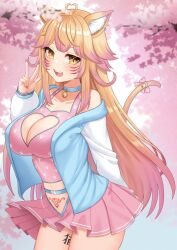 Rule 34 | 1girl, ahoge, animal ear fluff, animal ears, bell, bibbly dibbly, blonde hair, body writing, breasts, cat ears, cat girl, cat tail, cleavage, collarbone, heart, heart ahoge, indie virtual youtuber, jacket, jingle bell, large breasts, lazycoffee (wyen iscordo), long hair, long sleeves, looking at viewer, multiple boys, neck bell, open mouth, outdoors, pink hair, pleated skirt, pubic tattoo, shirt, skirt, smile, solo, tail, tattoo, v, virtual youtuber, yellow eyes