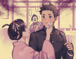 Rule 34 | &gt; &lt;, 1girl, 2boys, ace attorney, amemomism, black hair, black jacket, blurry, blurry foreground, blush, bow, bowtie, brown eyes, brown hair, brown jacket, clenched teeth, closed eyes, closed mouth, commentary request, facial hair, floral print, fork, frustrated, hair ribbon, hair rings, hand on another&#039;s face, hand up, holding, holding fork, indoors, jacket, japanese clothes, kimono, long sleeves, looking at another, multiple boys, mustache, open mouth, pink kimono, profile, red bow, red bowtie, ribbon, ryunosuke naruhodo, short hair, smile, soseki natsume, speech bubble, susato mikotoba, sweatdrop, table, teeth, the great ace attorney, tissue, upper body, vase, wide sleeves, wiping face, yellow ribbon