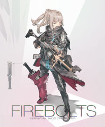 Rule 34 | 1girl, absurdres, assault rifle, black gloves, black pants, boots, dagger, english text, fingerless gloves, full body, gloves, grey eyes, grey hair, grey scarf, gun, highres, holding, holding gun, holding weapon, knife, legs apart, long sleeves, open mouth, original, pants, ponytail, rifle, scarf, single boot, solo, standing, urorong, weapon