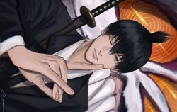 Rule 34 | 1boy, black hair, black necktie, blue eyes, chainsaw man, chromatic aberration, closed mouth, collared shirt, commentary, formal, fox devil (chainsaw man), fox shadow puppet, hayakawa aki, highres, jacket, large hands, long sleeves, looking at viewer, male focus, ndsoda, necktie, one eye closed, shirt, short hair, sideways, signature, suit, suit jacket, sword, teeth, topknot, upper body, weapon, weapon on back, white shirt