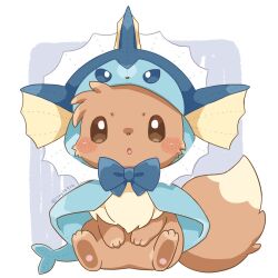 Rule 34 | artist name, blue bow, blush stickers, bow, brown eyes, capelet, chestnut mouth, clothed pokemon, cosplay, creatures (company), eevee, full body, game freak, gen 1 pokemon, hand on own stomach, highres, hood, hooded capelet, kana (maple926), looking at viewer, nintendo, open mouth, pokemon, pokemon (creature), sitting, smile, solo, twitter username, vaporeon, vaporeon (cosplay)