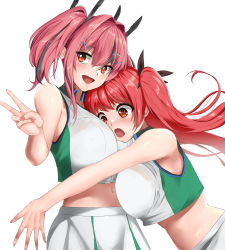 Rule 34 | 2girls, :d, absurdres, alternate costume, azur lane, bare shoulders, black ribbon, blush, breast press, breasts, bremerton (azur lane), bremerton (azur lane) (cosplay), bremerton (scorching-hot training) (azur lane), collared shirt, commentary request, cosplay, cowboy shot, crop top, crop top overhang, face to breasts, grey hair, hair between eyes, hair intakes, hair ornament, hair ribbon, hairclip, highres, honolulu (azur lane), large breasts, long hair, looking at viewer, midriff, multicolored hair, multiple girls, nail polish, navel, no mole, official alternate costume, ojisan f, open mouth, partial commentary, pink eyes, pink hair, pink nails, red eyes, red hair, ribbon, shirt, sidelocks, simple background, skirt, sleeveless, sleeveless shirt, smile, sportswear, standing, streaked hair, tennis uniform, twintails, two-tone hair, two-tone shirt, two-tone skirt, v, white background, white shirt, white skirt, x hair ornament