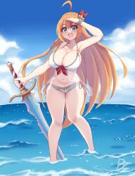 Rule 34 | 1girl, absurdres, ahoge, beach, bite mark, blue eyes, braid, breasts, cleavage, drogo doggo, headband, highres, holding, holding weapon, huge breasts, long hair, looking at viewer, navel, open mouth, orange hair, pecorine (princess connect!), pecorine (summer) (princess connect!), princess connect!, single braid, solo, swimsuit, sword, very long hair, weapon