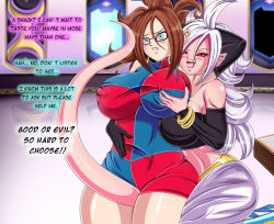 Rule 34 | 2girls, android, android 21, angry, arabian clothes, ass, belly dancer, between legs, between thighs, black sclera, blue eyes, bluegraves, blush, breast hold, breast press, breasts, breasts squeezed together, brown hair, casual, censored, clone, clothes lift, colored sclera, colored skin, cowboy shot, curly hair, curvy, demon, demon girl, dragon ball, dragon ball fighterz, dragon ball super, dragon ball xenoverse, dragonball z, dress, dress shirt, evil smile, facing viewer, fight, food, glasses, gloves, grabbing, grabbing from behind, grabbing own breast, groping, hug, huge ass, huge breasts, large breasts, legs, lips, lipstick, long hair, looking at viewer, majin android 21, makeup, mature female, miniskirt, multiple girls, open mouth, panties, pink skin, pointy ears, purple eyes, red eyes, revealing clothes, seductive smile, selfcest, sexually suggestive, sharp teeth, shirt, skirt, skirt lift, smile, standing, sweat, symmetrical docking, tail, teeth, thick thighs, thighs, tongue, tongue out, underwear, white hair, wide hips, yuri