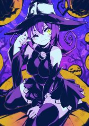 Rule 34 | 1girl, :3, bare shoulders, black dress, black thighhighs, blair (soul eater), blush stickers, breasts, dress, floating, floating object, hat, highres, long hair, looking at viewer, medium breasts, night, night sky, one eye closed, parororo, paw pose, pumpkin, purple hair, shiny skin, sitting, sky, slit pupils, smile, solo, soul eater, thighhighs, thighs, wide hips, wink, witch, witch hat, yellow eyes