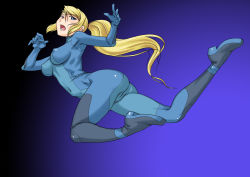 Rule 34 | 1girl, blonde hair, blue eyes, bodysuit, breasts, cameltoe, cleft of venus, covered erect nipples, female focus, full body, jumping, large breasts, leaping, legs, long hair, makochin, metroid, nintendo, open mouth, ponytail, samus aran, simple background, skin tight, solo, zero suit