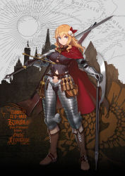 Rule 34 | 1girl, armor, artist request, bardiche (weapon), blonde hair, blue eyes, bolt action, boots, breasts, brown footwear, cape, clothing cutout, full body, gauntlets, girls&#039; frontline, gun, hair ornament, knight, large breasts, long hair, mosin-nagant, mosin-nagant (blade of white steel) (girls&#039; frontline), mosin-nagant (girls&#039; frontline), multiple weapons, navel, navel cutout, official alternate costume, official art, over shoulder, plate armor, polearm, pouch, red cape, rifle, sidelocks, smile, solo, standing, sword, weapon, weapon over shoulder