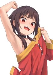 Rule 34 | 1girl, arm up, armpits, bare shoulders, belt collar, black hair, blush, breasts, cleavage, clothes pull, collar, dress, dress pull, highres, kono subarashii sekai ni shukufuku wo!, looking at viewer, megumin, off-shoulder dress, off shoulder, open mouth, red dress, red eyes, simple background, solo, syagare, upper body, white background