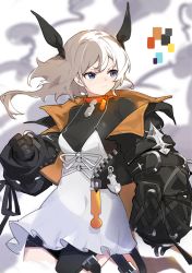 Rule 34 | 1girl, black gloves, black jacket, black ribbon, black shirt, blue eyes, blurry, blurry background, clenched hand, closed mouth, depth of field, dress, gloves, hair ribbon, highres, jacket, long sleeves, looking away, looking to the side, o-ring, original, puffy long sleeves, puffy sleeves, ribbon, shirt, siguma (13238772100), sleeveless, sleeveless dress, sleeves past wrists, solo, v-shaped eyebrows, white dress, white hair