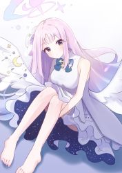 Rule 34 | 1girl, angel wings, bare legs, bare shoulders, barefoot, blue archive, crescent, dress, feathered wings, flower, hair flower, hair ornament, halo, highres, hugging own legs, mika (blue archive), mugenmarine, no cape, no legwear, pink hair, sleeveless, solo, white dress, wings