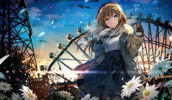 Rule 34 | 1girl, aran sweater, black pantyhose, blue eyes, blue skirt, blue sky, blush, breath, brown coat, brown hair, cable knit, cloud, coat, coffee cup, commentary request, cup, disposable cup, ferris wheel, floating hair, flower, fur-trimmed coat, fur trim, hat, high-waist skirt, hirai yuzuki, holding, holding cup, jewelry, lens flare, light particles, long hair, looking at viewer, multicolored sky, necklace, open clothes, open coat, original, pantyhose, parted lips, pearl necklace, signature, skirt, sky, smile, solo, steam, sunrise, sweater, turtleneck, turtleneck sweater, white flower, white sweater, wind, wind lift, yellow sky