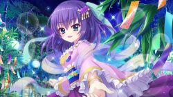 Rule 34 | 1girl, aqua eyes, bamboo, bamboo forest, bangle, blue hair, blue sash, bracelet, breasts, cloud, dot nose, earrings, film grain, forest, frilled kimono, frills, from side, fukinagashi, game cg, hair ornament, honjou kasumi, izumi tsubasu, japanese clothes, jewelry, kimono, lens flare, looking at viewer, medium breasts, medium hair, nature, night, night sky, non-web source, obi, official art, open mouth, paper chain, pink kimono, re:stage!, reaching, reaching towards viewer, sash, sky, smile, solo, sparkle, star (sky), star (symbol), tanabata, tanzaku