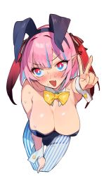 Rule 34 | 1girl, animal ears, bare shoulders, black leotard, blue eyes, blue hair, blue stripes, blush, bob cut, bow, bowtie, breasts, brown ribbon, cleavage, collarbone, colored inner hair, cropped legs, detached collar, fake animal ears, fang, frown, hair horns, hair ribbon, highres, horns, kanan-sama wa akumade choroi, kanan (kanan-sama), large breasts, leotard, light blue hair, looking to the side, multicolored eyes, multicolored hair, nervous, nonco, open mouth, pantyhose, pink eyes, pink hair, playboy bunny, pointy ears, rabbit ears, red horns, ribbon, simple background, skin fang, solo, strapless, strapless leotard, streaked hair, striped clothes, striped pantyhose, sweat, sweatdrop, two-tone hair, v, vertical stripes, white background, white pantyhose, wrist cuffs, yellow bow, yellow bowtie