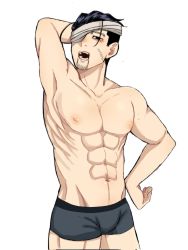 Rule 34 | 1boy, bandage over one eye, black eyes, black hair, boxers, bulge, facial hair, facial scar, feet out of frame, goatee, golden kamuy, grey male underwear, hair slicked back, hair strand, highres, inverted nipples, male focus, male underwear, ogata hyakunosuke, pectorals, ri (ri kaos21), scar, scar on cheek, scar on face, short hair, solo, stitches, stubble, toned, toned male, topless male, undercut, underwear, underwear only, yawning