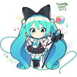 Rule 34 | 1girl, 2017, aqua eyes, aqua hair, artist name, bad id, bad pixiv id, black footwear, blush, boots, bow, buttons, chibi, dated, dress, eyebrows, gloves, hair ornament, hatsune miku, headphones, highres, knee boots, long hair, looking at viewer, magical mirai miku, magical mirai miku (2016), microphone, microphone stand, namuya (dlcjfgns456), necktie, smile, solo, sparkle, thighhighs, twintails, very long hair, vocaloid, white background, wire