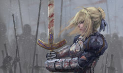 Rule 34 | 1girl, ahoge, armor, artoria pendragon (fate), august ice, blonde hair, blood, bloody weapon, blue ribbon, braid, breastplate, cuts, excalibur (fate/stay night), fate/stay night, fate (series), field of blades, french braid, injury, ribbon, saber (fate), torn clothes, upper body, weapon
