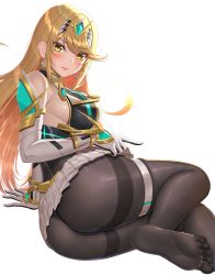 Rule 34 | 1girl, absurdres, ass, bare shoulders, black pantyhose, blonde hair, blush, breasts, brown pantyhose, chest jewel, dress, earrings, elbow gloves, feet, gloves, highres, jewelry, large breasts, long hair, looking at viewer, mythra (massive melee) (xenoblade), mythra (xenoblade), nemunemu semi, pantyhose, short dress, swept bangs, thigh strap, thighband pantyhose, thighs, tiara, white dress, white gloves, xenoblade chronicles (series), xenoblade chronicles 2, yellow eyes