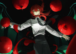 Rule 34 | 1girl, absurdres, apple, black necktie, black pants, braid, chainsaw man, collared shirt, cowboy shot, food, fruit, highres, long hair, long sleeves, looking at viewer, makima (chainsaw man), necktie, pants, parted lips, petals, red hair, ringed eyes, shirt, single braid, smile, solo, suyi-j, white shirt, yellow eyes