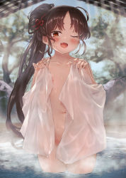 Rule 34 | 1girl, areola slip, black hair, blush, brown eyes, collarbone, cowboy shot, fang, flat chest, groin, highres, kantai collection, long hair, naked towel, navel, nipples, nisshin (kancolle), one eye closed, onsen, open mouth, ponytail, rock, side ponytail, smile, solo, toka (marchlizard), towel, very long hair