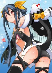 Rule 34 | 1girl, ass, asymmetrical wings, bare shoulders, blue hair, blush, breasts, cape, dizzy (guilty gear), female focus, from behind, from below, guilty gear, hair ribbon, heart, long hair, red eyes, ribbon, shiina you (tomoshibi), short shorts, shorts, smile, solo, tail, wings