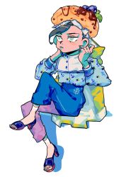 Rule 34 | 1boy, alternate costume, anchor, black hair, blue nails, blue pants, blueberry, bulzizzang, chocolate syrup, food, fruit, full body, green jacket, hat, high heels, highres, invisible chair, jacket, jojo no kimyou na bouken, jojolion, kira yoshikage (jojolion), knee up, long sleeves, male focus, nail polish, object on head, pants, print shirt, puffy long sleeves, puffy sleeves, sandals, shadow, shirt, simple background, sitting, solo, white background