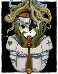 Rule 34 | ambiguous gender, black background, black eyes, cross, gloves, green gloves, highres, ineuoy, long sleeves, octopus, original, red neckwear, red pupils, safety pin, short hair, simple background, solo, white hair