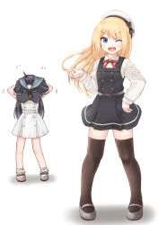 Rule 34 | 2girls, ;d, ahoge, asashio (kancolle), asashio (kancolle) (cosplay), black hair, black legwear, blonde hair, blue eyes, blue sailor collar, comiching, cosplay, costume switch, dress, full body, grey footwear, hat, highres, jervis (kancolle), jervis (kancolle) (cosplay), kantai collection, long hair, long sleeves, looking at viewer, mary janes, multiple girls, one eye closed, open mouth, pinafore dress, sailor collar, sailor dress, sailor hat, shirt, shoes, simple background, sleeveless, sleeveless dress, smile, thighhighs, v-shaped eyebrows, white background, white dress, white shirt