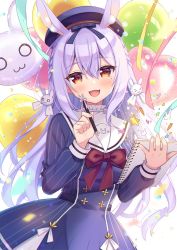 Rule 34 | 1girl, animal ear fluff, animal ears, balloon, beret, blue dress, blue hat, blush, bow, breasts, commentary request, dress, hair between eyes, hair ornament, hat, highres, himesaki yuzuru, holding, holding pencil, long hair, long sleeves, looking at viewer, mole, mole under eye, noripro, open mouth, orange eyes, pencil, pleated dress, rabbit ears, rabbit hair ornament, red bow, sailor collar, sailor dress, silver hair, smile, solo, sumisaki yuzuna, virtual youtuber, white sailor collar