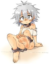 Rule 34 | 1girl, ankle cuffs, barefoot, chain, chained, cuffs, dirty, dirty feet, feet, full body, grey eyes, imminent rape, oyatsu (mk2), shackles, silver hair, simple background, slave, soles, solo, toes, white background