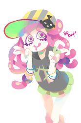 Rule 34 | 1girl, 3d rod!, abxy, artist name, baseball cap, black shirt, bracelet, clownfish, double v, drooling, eyelashes, fish, fish hair ornament, green eyes, green skirt, hair ornament, harmony&#039;s clownfish (splatoon), harmony (splatoon), hat, highres, jewelry, long hair, miniskirt, nintendo, no nose, open mouth, pink hair, pleated skirt, saliva, shirt, simple background, skirt, smile, solo, splatoon (series), splatoon 1, striped clothes, striped headwear, tentacles, v, white background