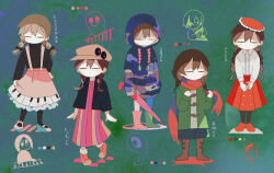 Rule 34 | 1girl, 2boys, abstract background, adapted costume, alternate hair color, asymmetrical footwear, asymmetrical legwear, black bow, black jacket, black pantyhose, black sweater, blue hoodie, blue skirt, blush stickers, boots, bow, braid, brown footwear, brown hair, cabbie hat, center frills, chibi, chibi inset, closed eyes, closed umbrella, coat, collared shirt, color guide, commentary request, drawstring, dress, fascinator, frilled headwear, frills, green background, green coat, hair bow, hair over shoulder, hand up, hat, hat ornament, heel up, holding, holding clothes, holding scarf, holding umbrella, hood, hood up, hoodie, jacket, kasei-san, knee boots, kyukkyu-kun, long dress, long sleeves, low twin braids, madotsuki, multicolored clothes, multicolored dress, multicolored hoodie, multiple boys, multiple hair bows, multiple views, no mouth, open clothes, open jacket, pantyhose, piano print, pink skirt, pleated skirt, print skirt, red scarf, red skirt, rubber boots, scarf, sekomumasada sensei, shirt, shirt tucked in, shitaisan, shoes, skirt, skirt hold, sleeves past fingers, sleeves past wrists, striped clothes, striped dress, suspender skirt, suspenders, suyazzz (soyoyon), sweater, tokuto-kun, turtleneck, turtleneck sweater, twin braids, umbrella, v arms, vertical-striped clothes, vertical-striped dress, white footwear, white shirt, yume nikki