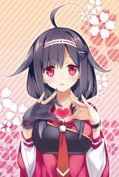 Rule 34 | 10s, 1girl, ahoge, black hair, blush, gloves, hairband, heart, heart hands, japanese clothes, kantai collection, looking at viewer, muneate, partially fingerless gloves, partly fingerless gloves, pink eyes, rei (rei&#039;s room), ryuuhou (kancolle), solo, taigei (kancolle), yugake